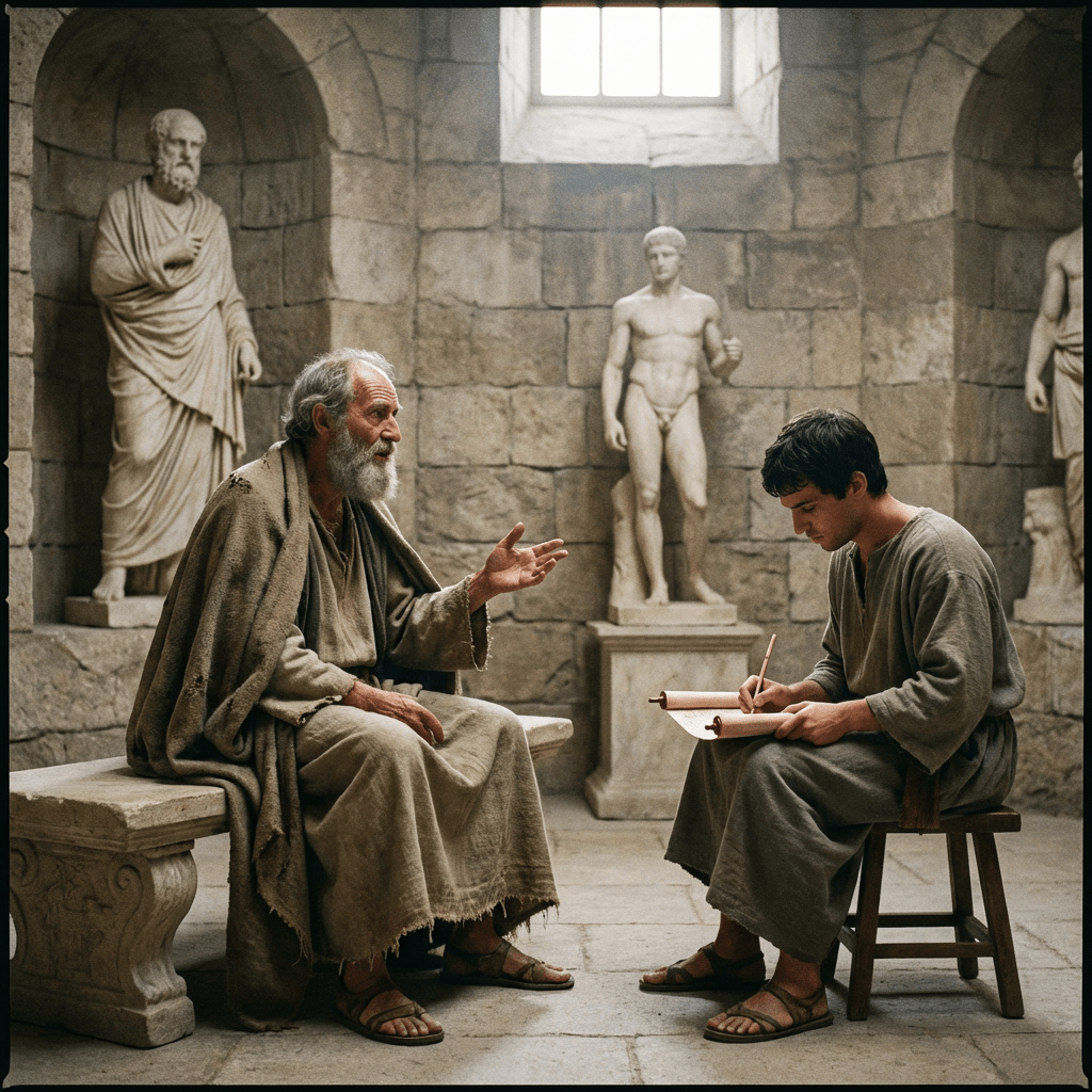 An elderly philosopher gestures while speaking to a student writing on a parchment scroll.
