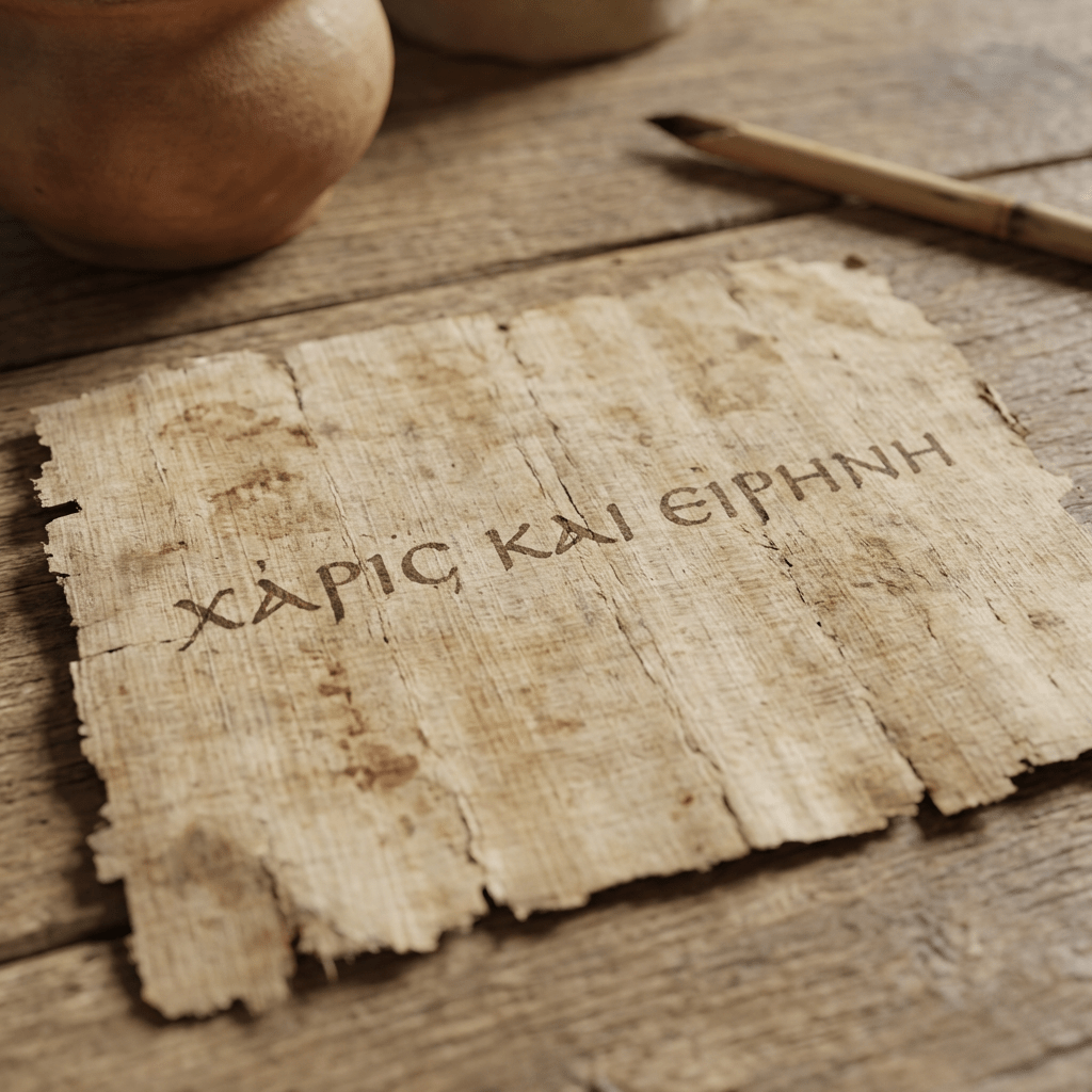 Ancient papyrus with the Greek text ΧΑΡΙΣ ΚΑΙ ΕΙΡΗΝΗ on a wooden table.
